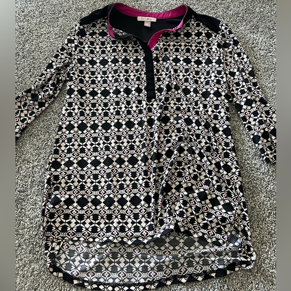 NWOT Roz& Ali black pink 3/4 long sleeve stretch shirt